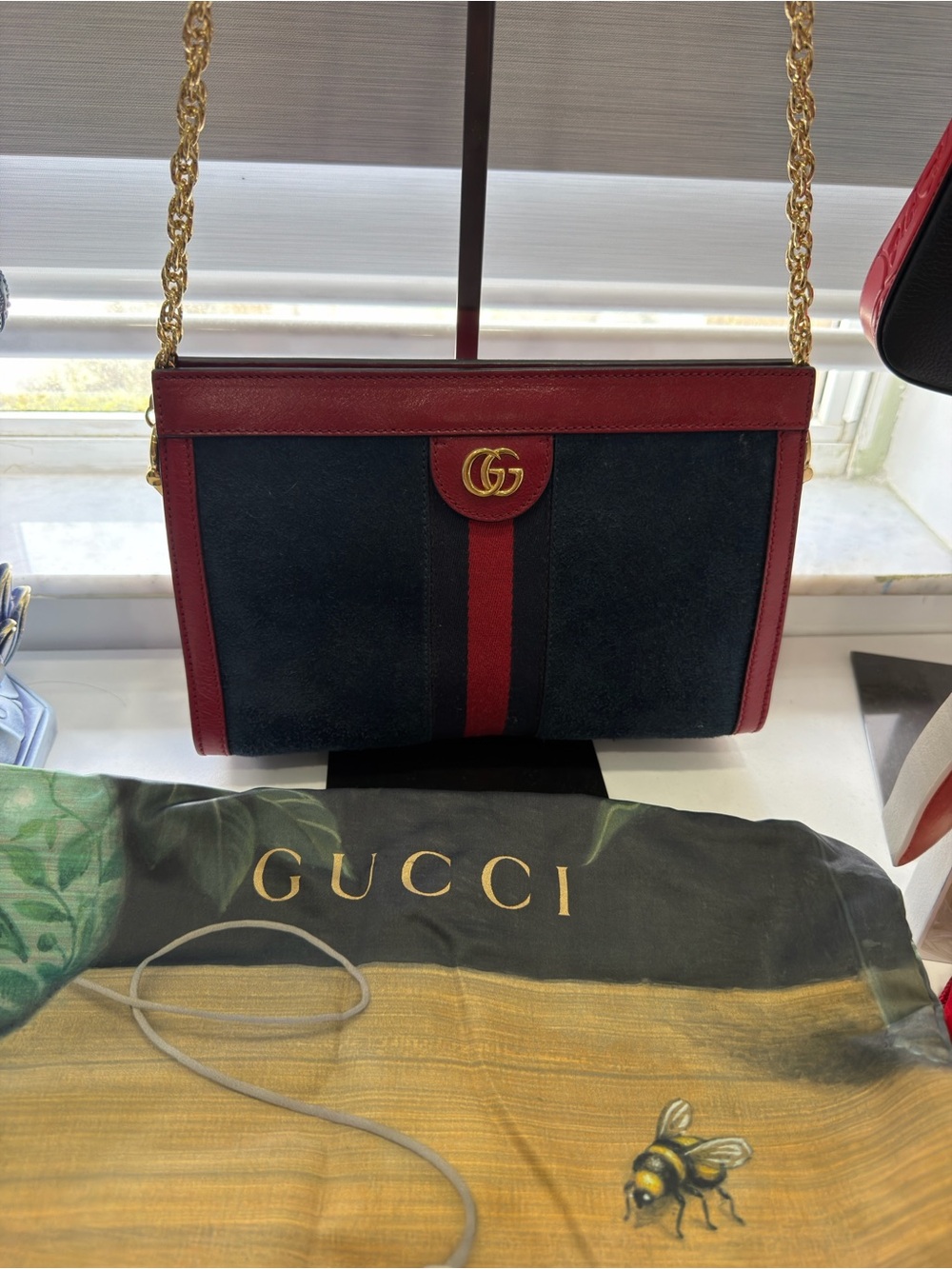 Gucci Red Leather and Blue Suede Small Shoulder Bag
